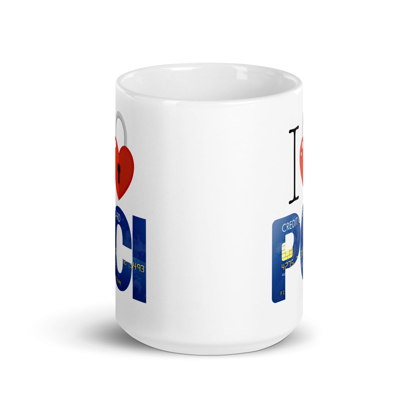 White 15oz tech humor coffee mug with an I Love NY style design that reads ‘I Love PCI’.