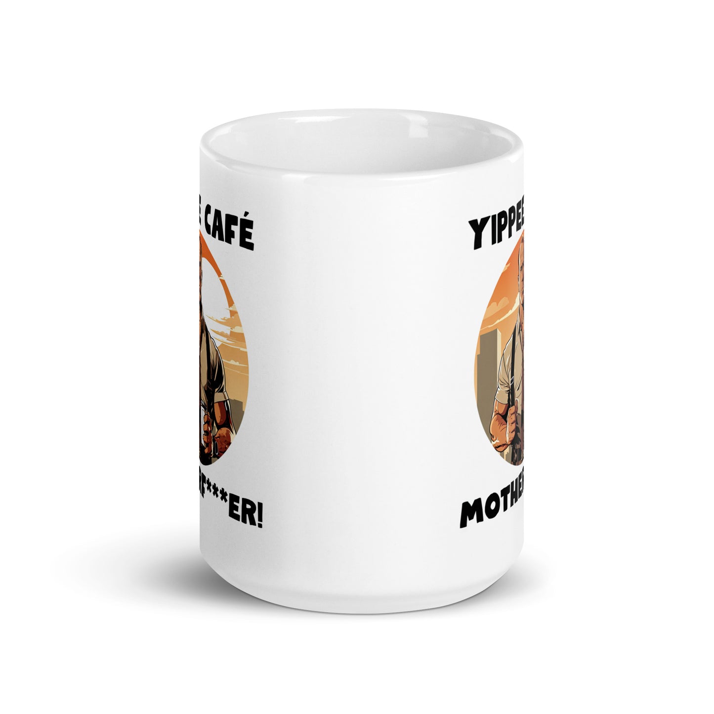 White 15oz retro coffee mug with an 80s Die Hard cop holding a coffee mug and slogan that says, ‘Yippee Cafe Motherfu*ker!’