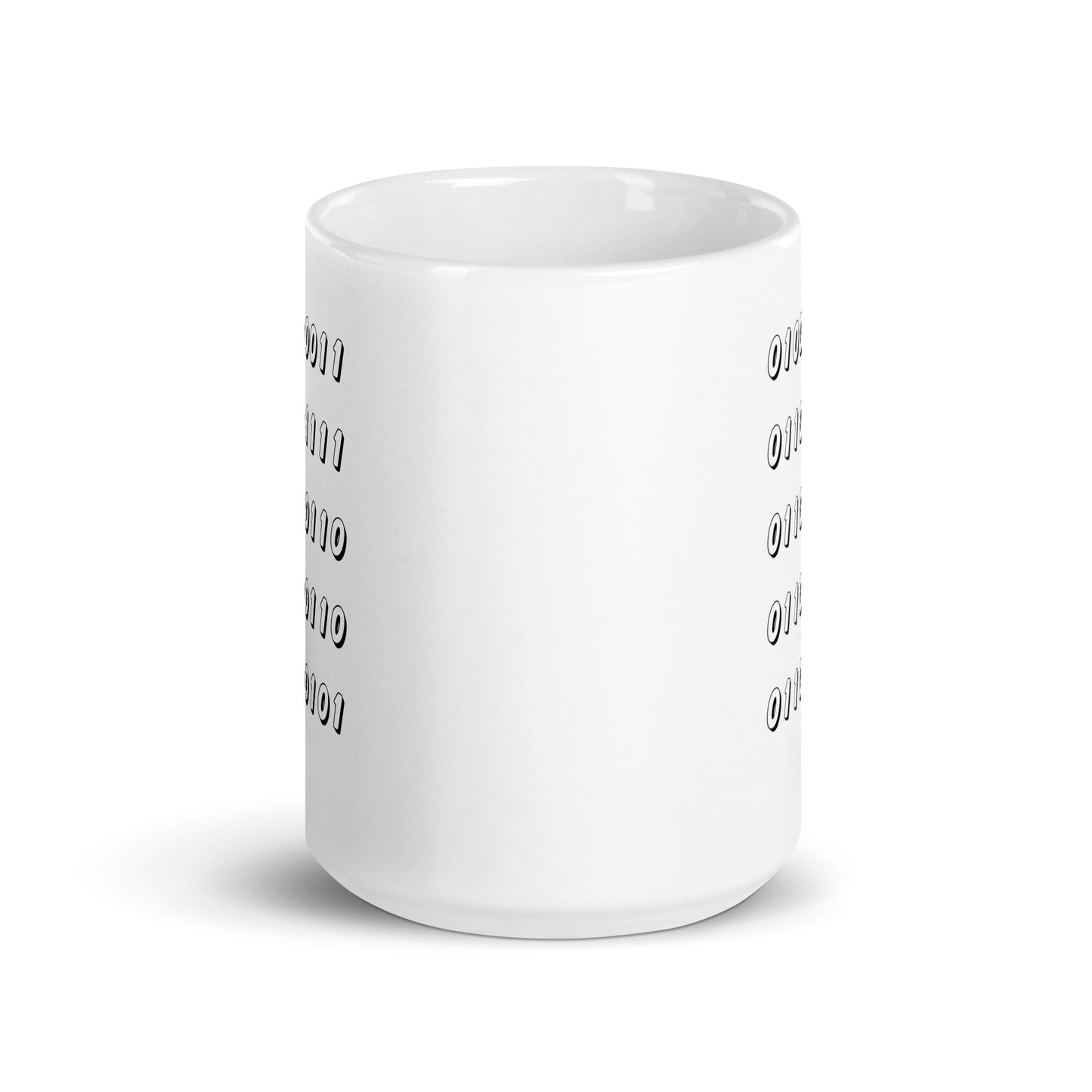White 15oz tech humor coffee mug featuring the word “Coffee” written in binary.
