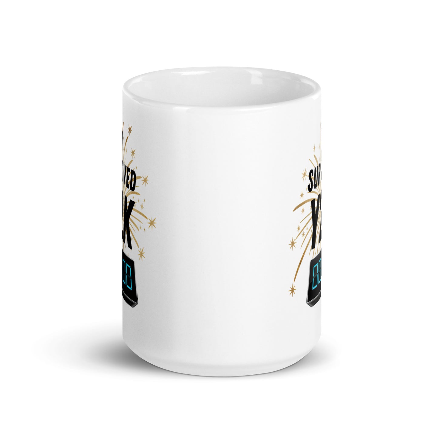 White 15oz tech humor coffee mug with a design of fireworks and a digital clock at midnight that reads ‘I Survived Y2K’