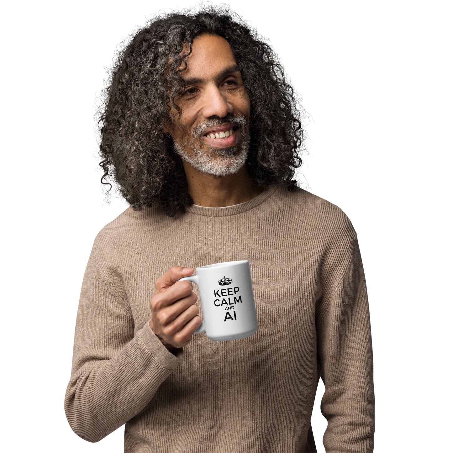 White 15oz tech humor coffee mug with a vintage Keep Calm design that reads ‘Keep Calm and AI’ with handle on left.