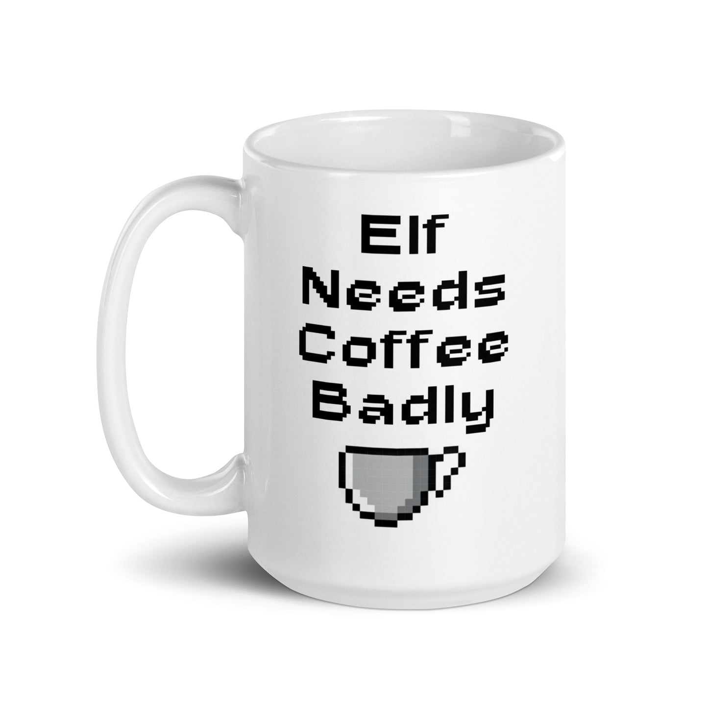 White 15oz retro coffee mug featuring an ‘Elf Needs Coffee Badly’ video game design with handle on the left.