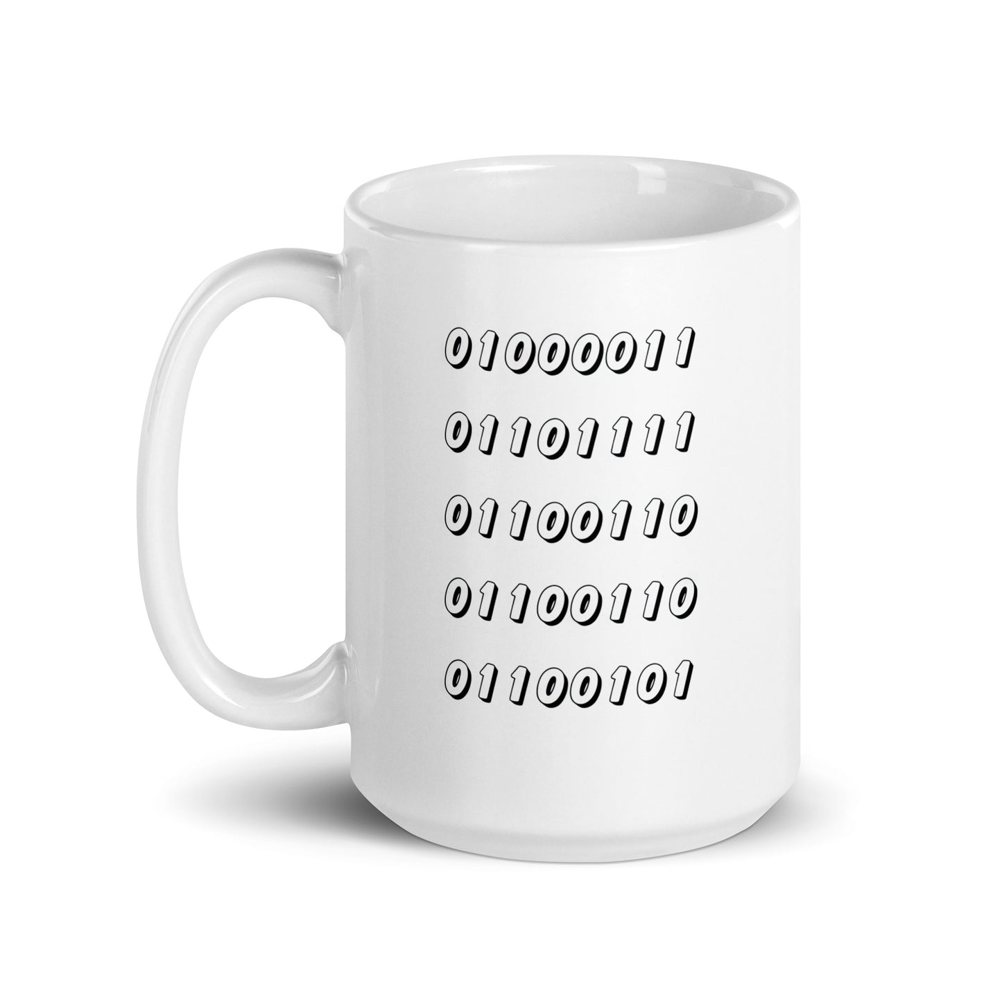 White 15oz tech humor coffee mug featuring the word “Coffee” written in binary with handle on the left.