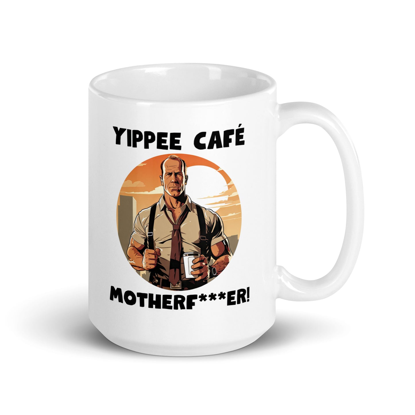 White 15oz retro coffee mug with an 80s Die Hard cop holding a coffee mug and slogan that says, ‘Yippee Cafe Motherfu*ker!’