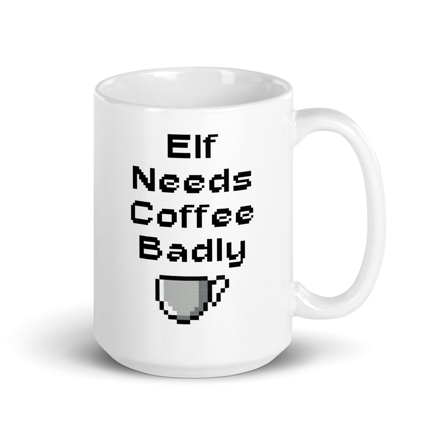 White 11oz retro coffee mug featuring an ‘Elf Needs Coffee Badly’ video game design with handle on the right.