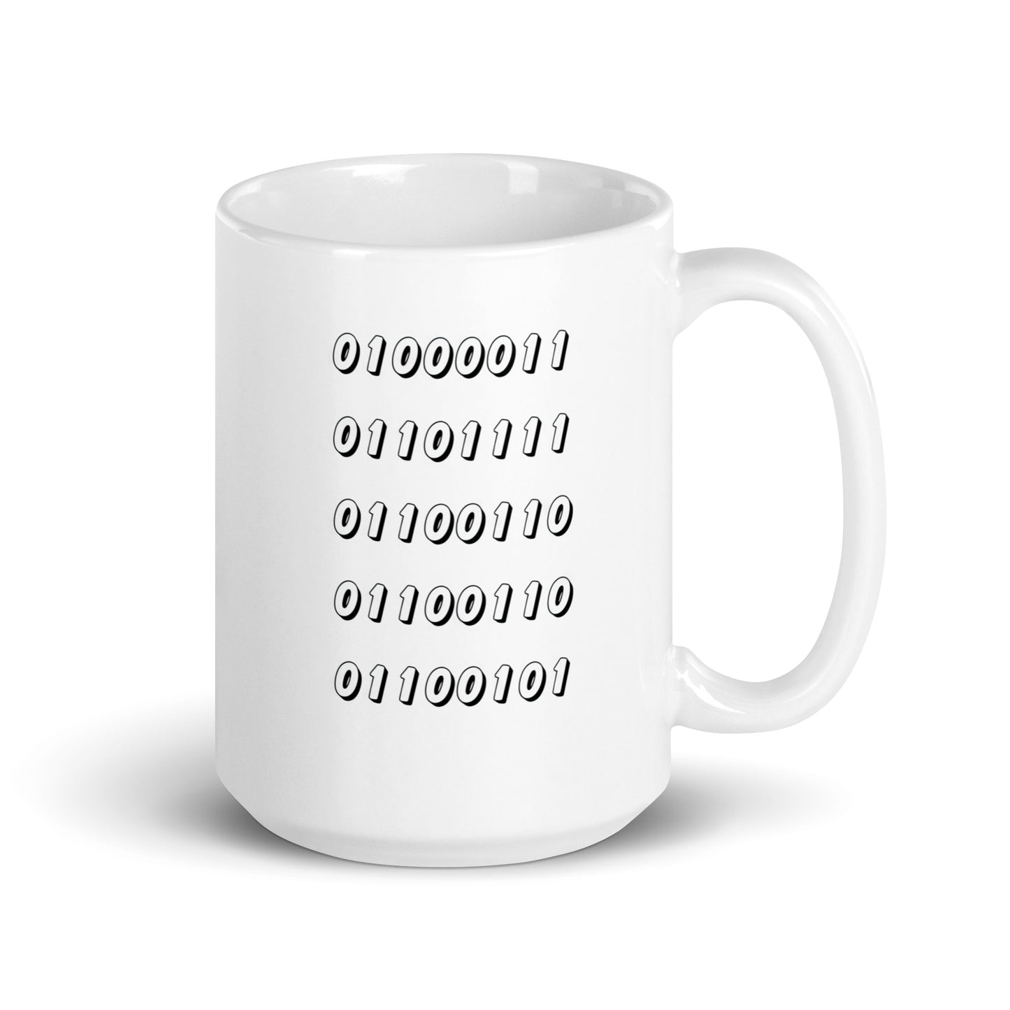 White 15oz tech humor coffee mug featuring the word “Coffee” written in binary with handle on the right.