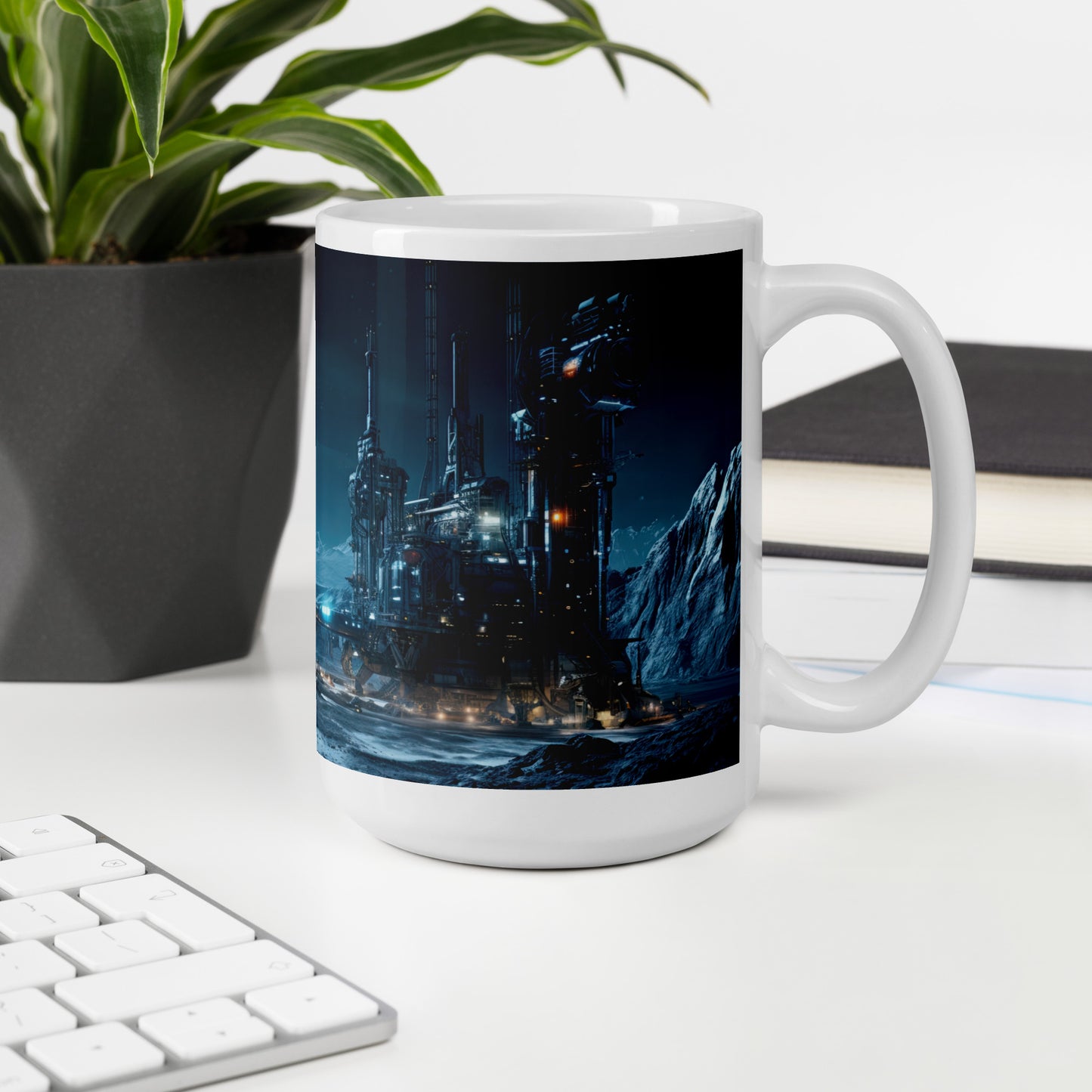 White 15oz sci-fi themed coffee mug with full wrap design of a moon mining operation with handle on right.