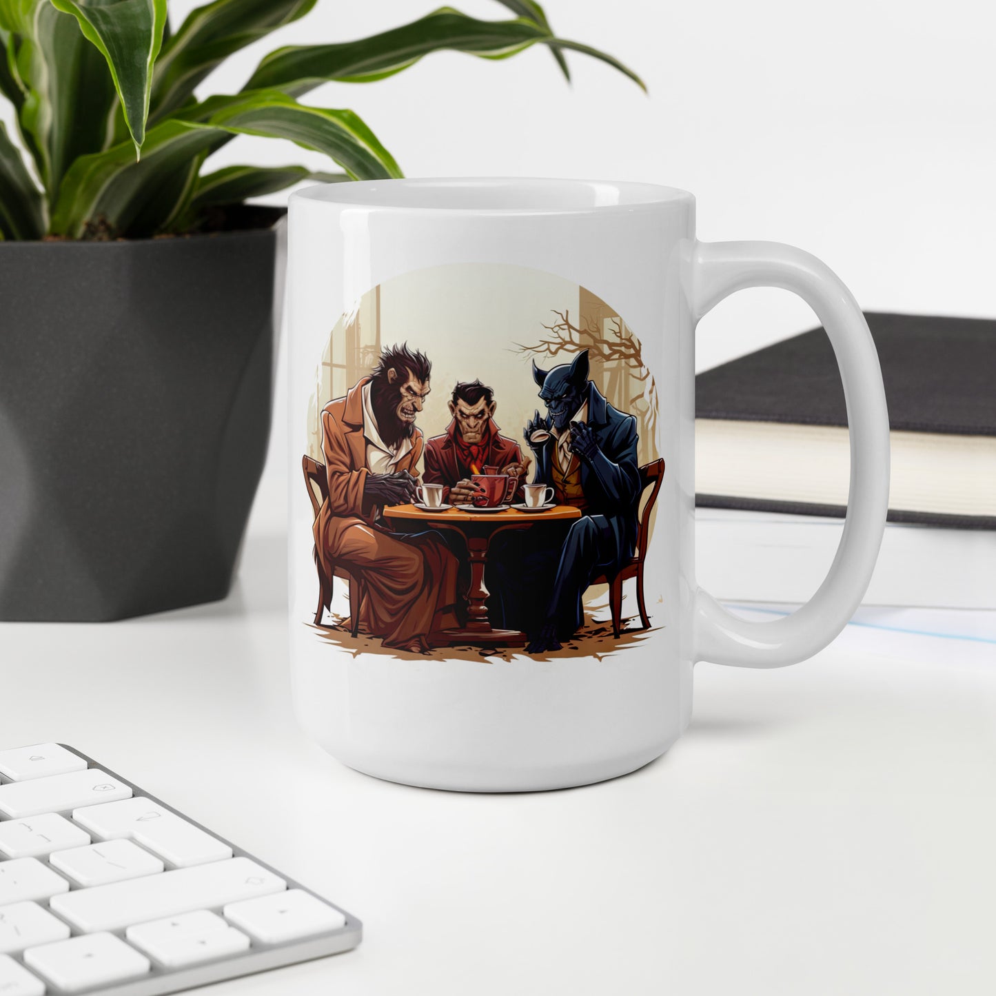 White 15oz horror themed coffee mug with design of classic monsters sitting around a table having a coffee break.