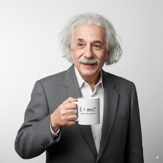 Person in a suit holding a mug with a formula on a light gray background