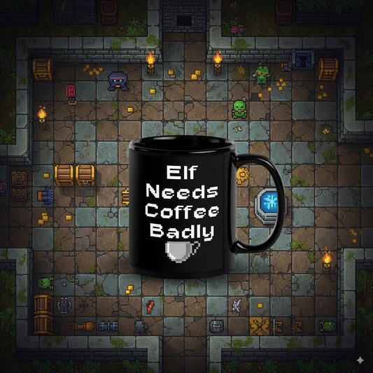 Black mug with 'Elf Needs Coffee Badly' text on a pixelated dungeon background