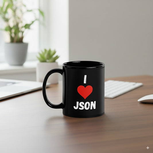 Black mug with 'I ❤️ JSON' text on a desk with office items.