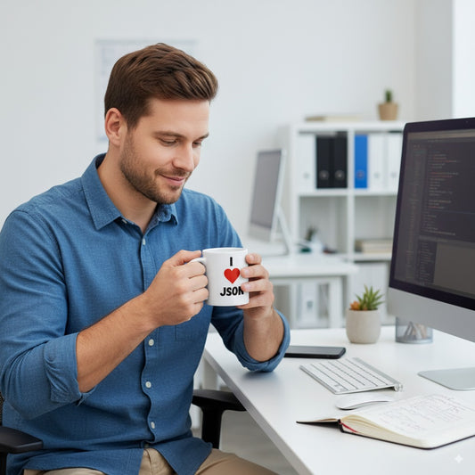 Man holding a mug with 'I ❤️ JSON' text in an office setting.