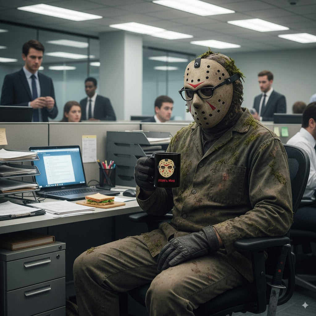 Person in a horror mask and costume sitting at a desk in an office with coworkers.
