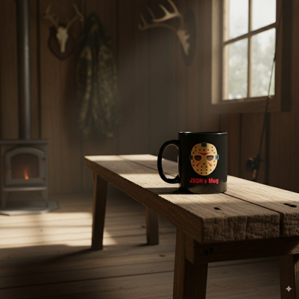 Black mug with a horror hockey mask design on a wooden bench in a hunting shack with a fireplace and deer antlers.