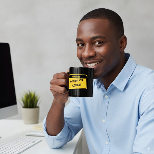 Man holding a mug with a humorous warning label in an office setting