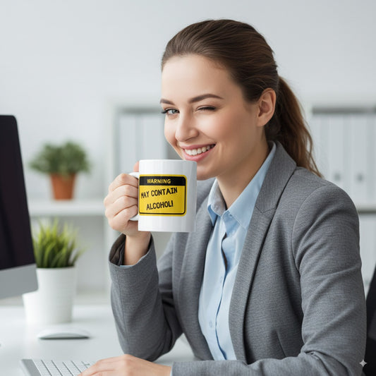 Woman in a professional setting holding a mug with a humorous label.