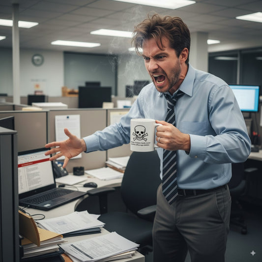 Warning: Contains freshly brewed psychotic office-rage stabilizer. - White Glossy Coffee Mug