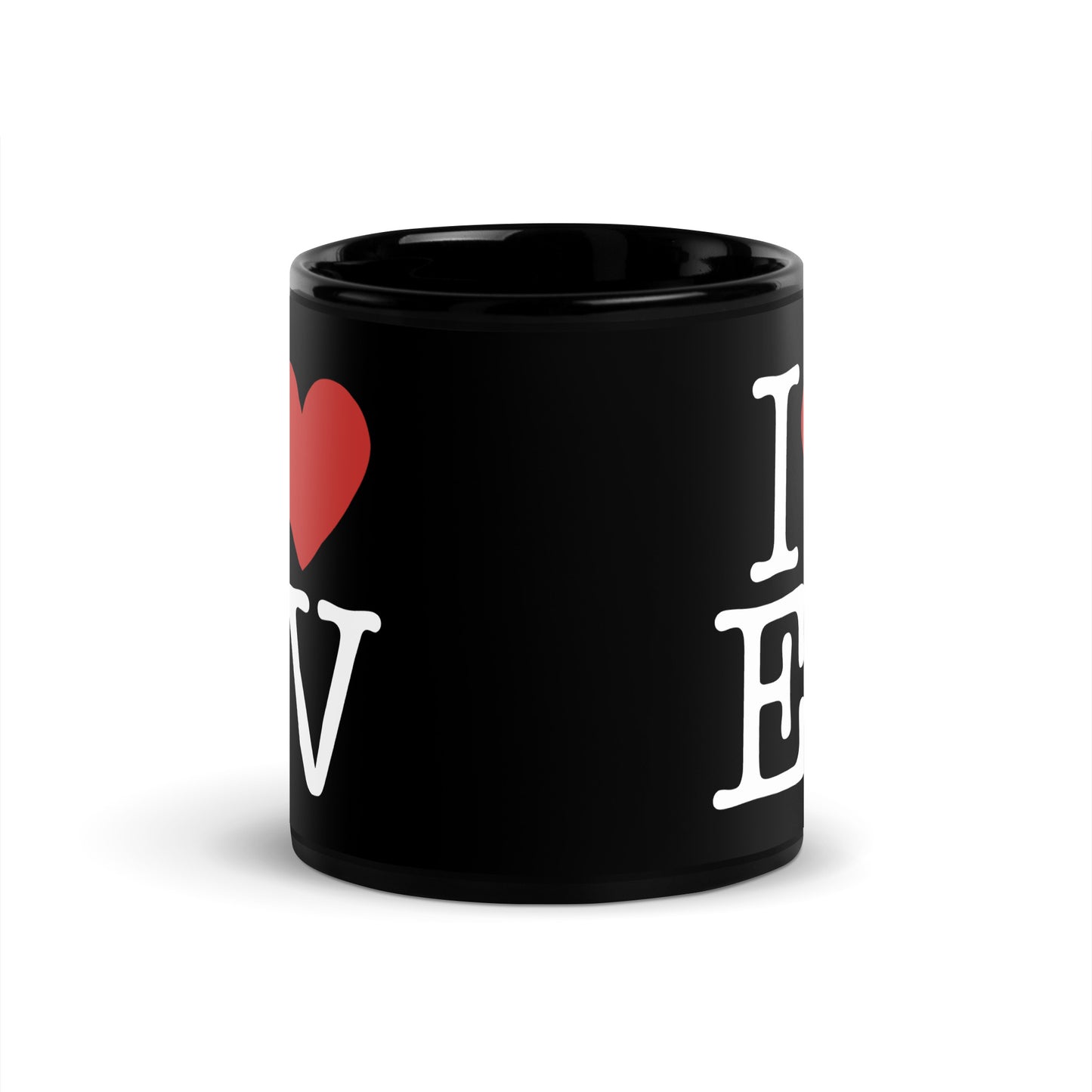 Black 11oz EV themed coffee mug with an I Love NY type slogan ‘I Love EV'.