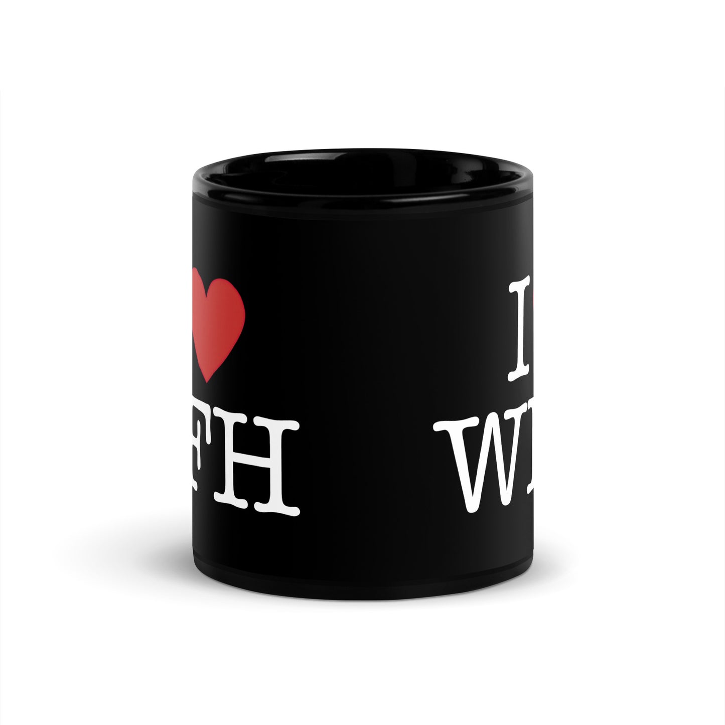 Black 11oz tech humor coffee mug with an I Love NY style design that reads ‘I Love WFH’.