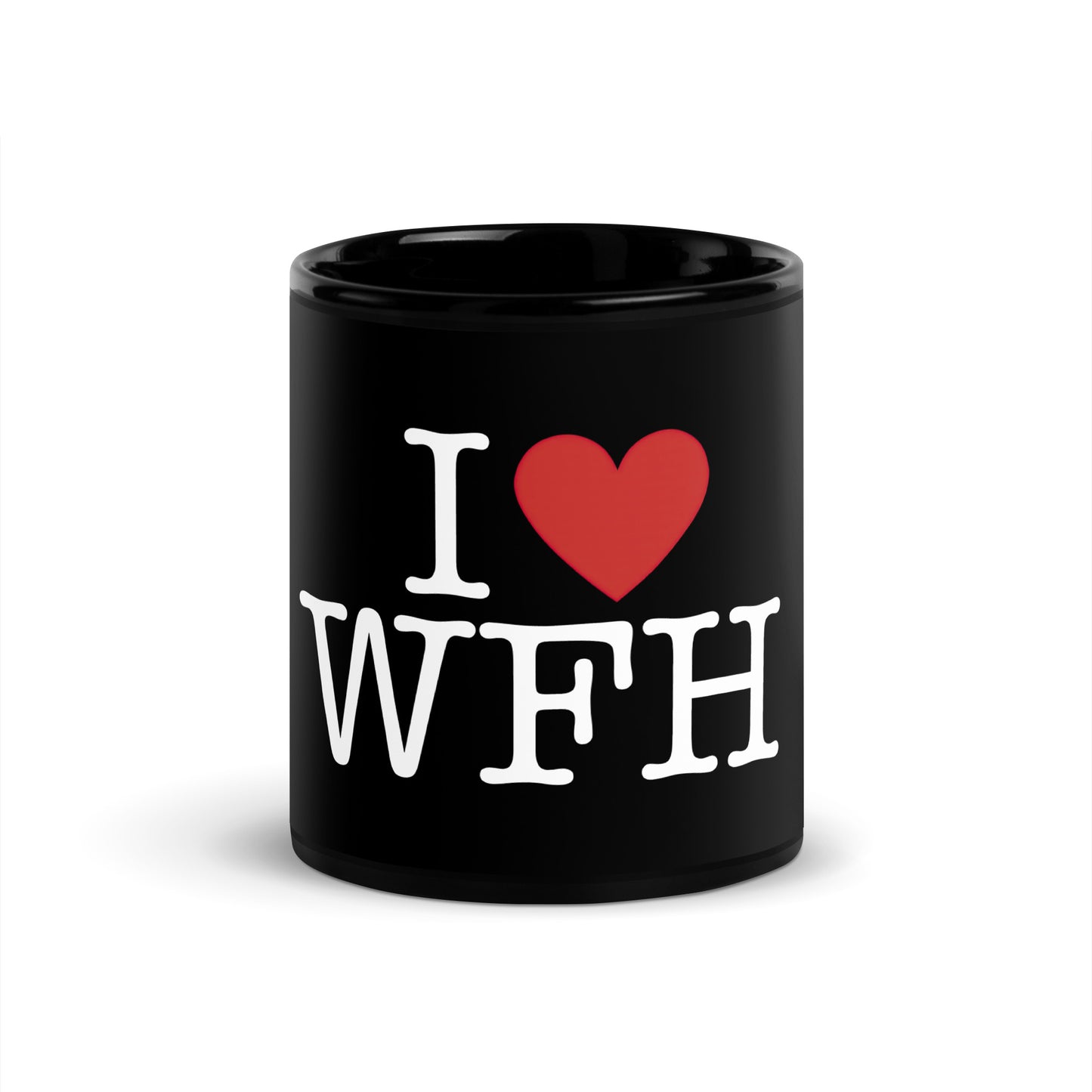 Black 11oz tech humor coffee mug with an I Love NY style design in the center that reads ‘I Love WFH’.