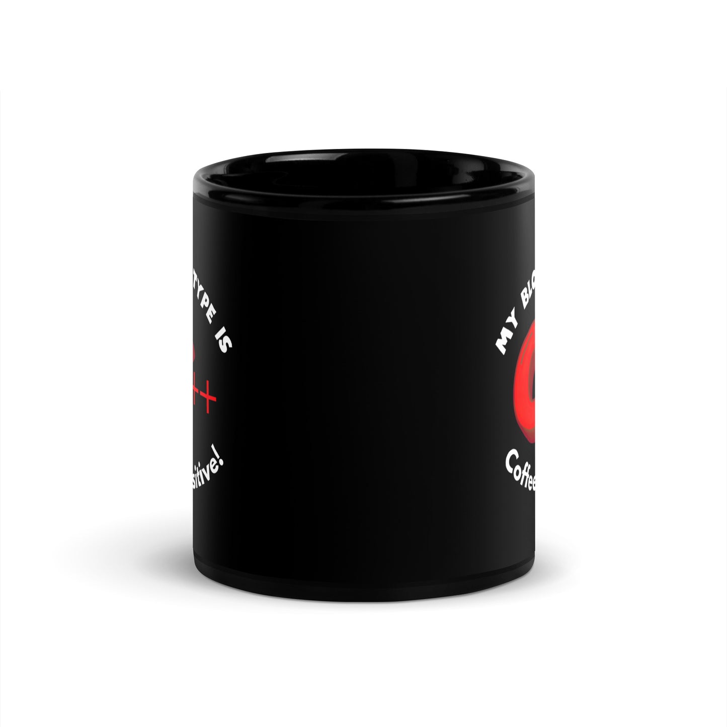 Black 11oz tech humor coffee mug with a C++ graphic and the slogan ‘My Blood Type is Coffee Positive!’