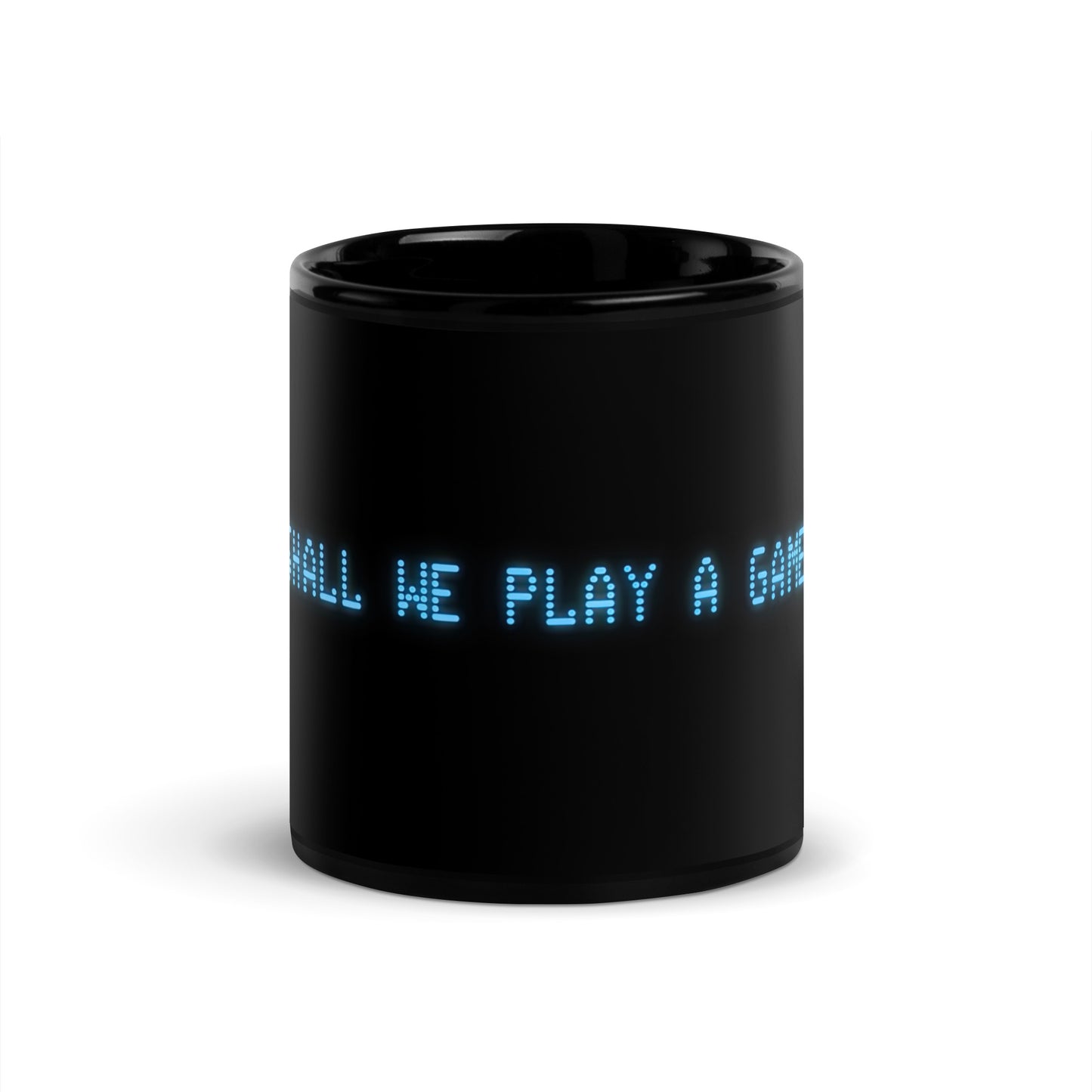 Black 11oz retro coffee mug with the slogan from the 80s movie Wargames, ‘Shall we play a game?’ 