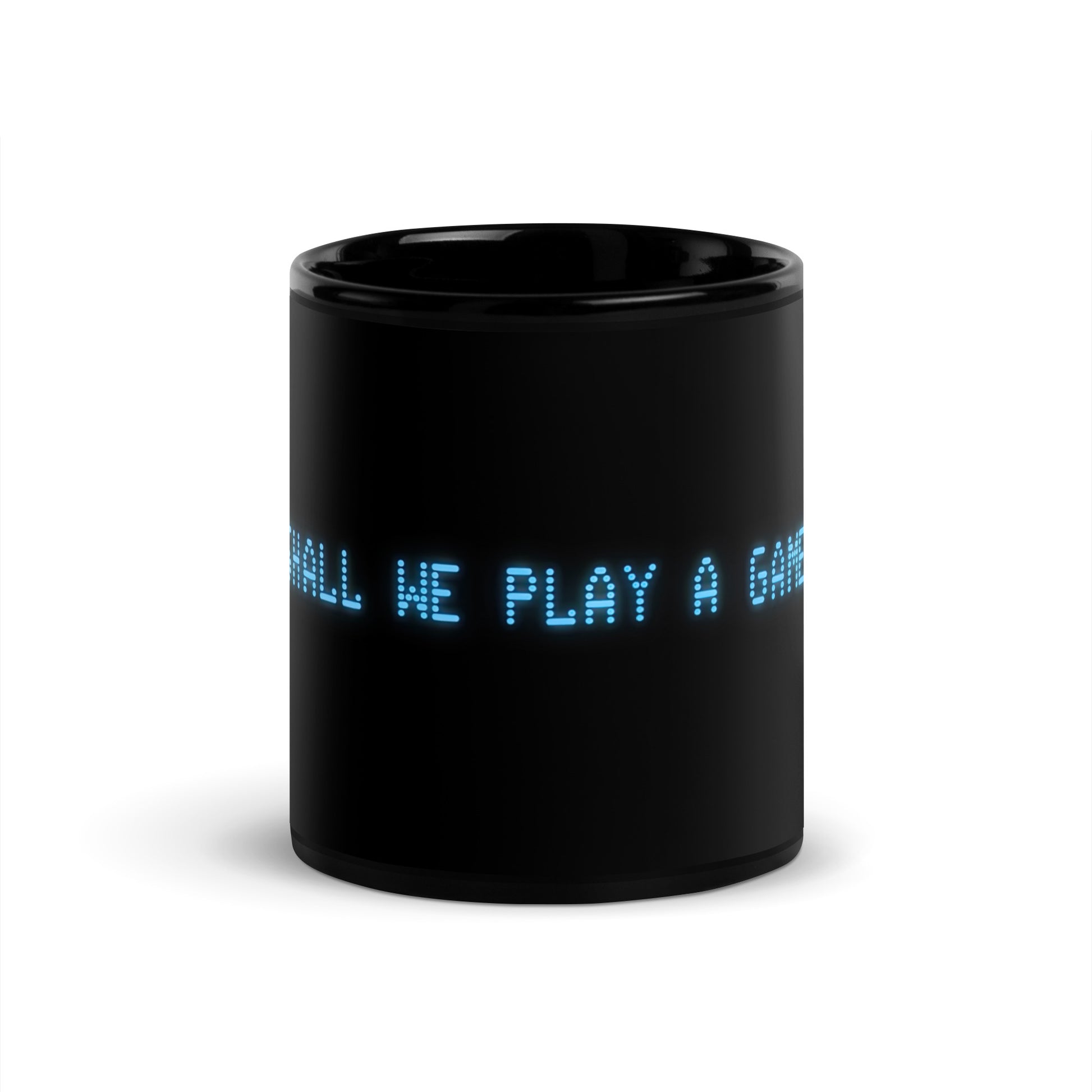 Black 11oz retro coffee mug with the slogan from the 80s movie Wargames, ‘Shall we play a game?’ 