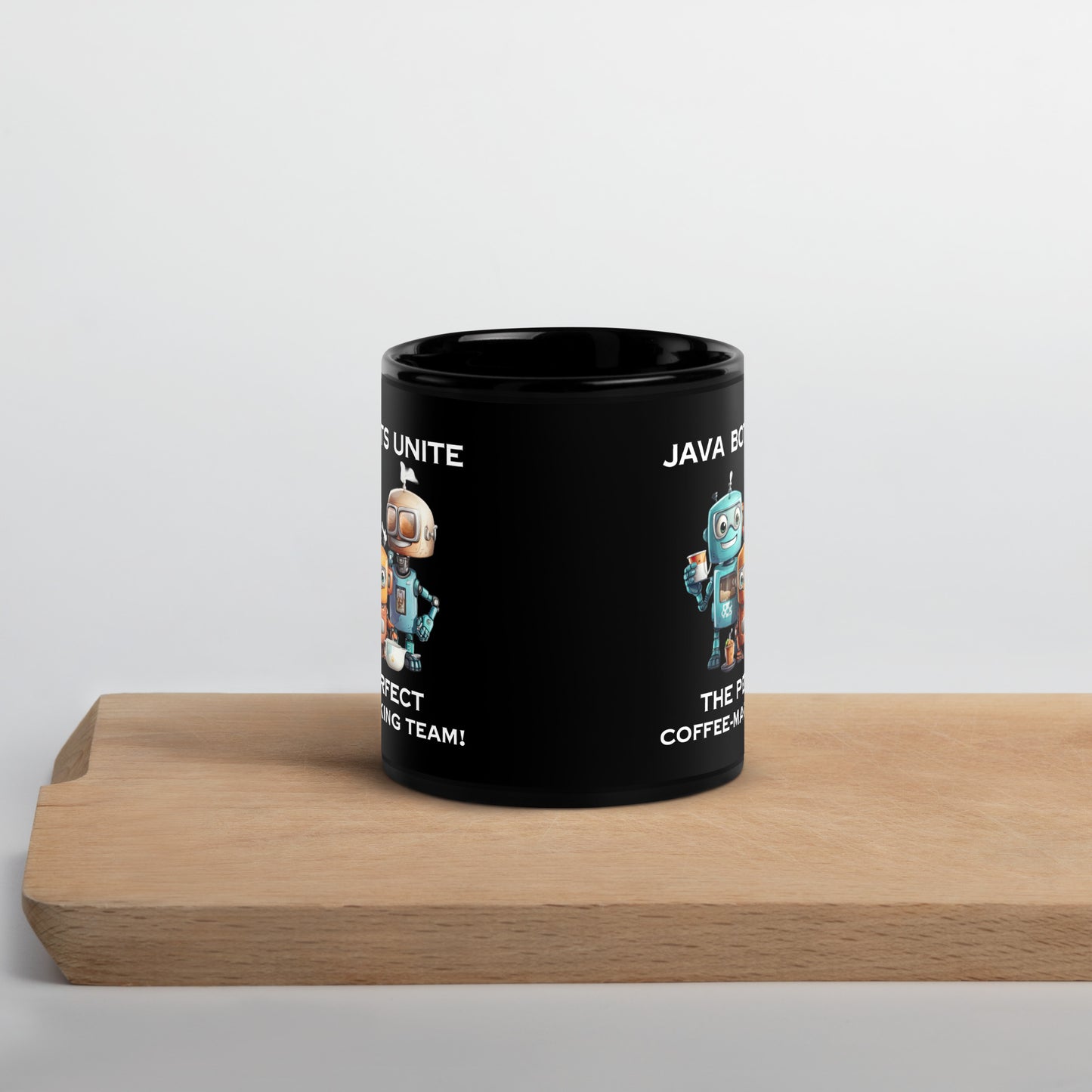 Black 11oz robot coffee mug with a group of robot baristas that reads ‘Java Bots Unite: The Perfect Coffee-Making Team!’