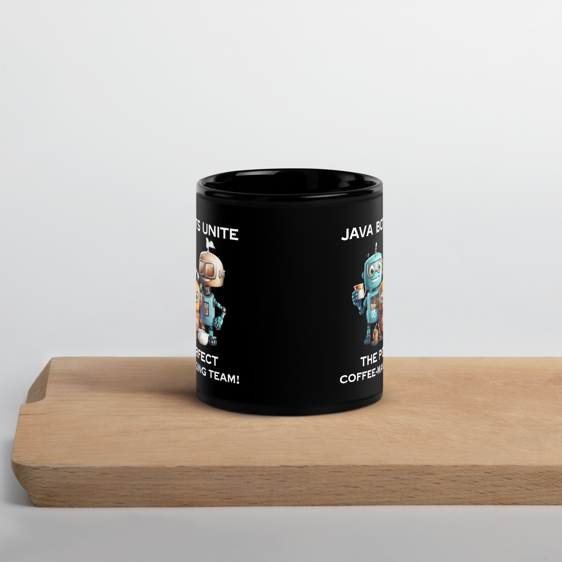 Black 11oz robot coffee mug with a group of robot baristas that reads ‘Java Bots Unite: The Perfect Coffee-Making Team!’