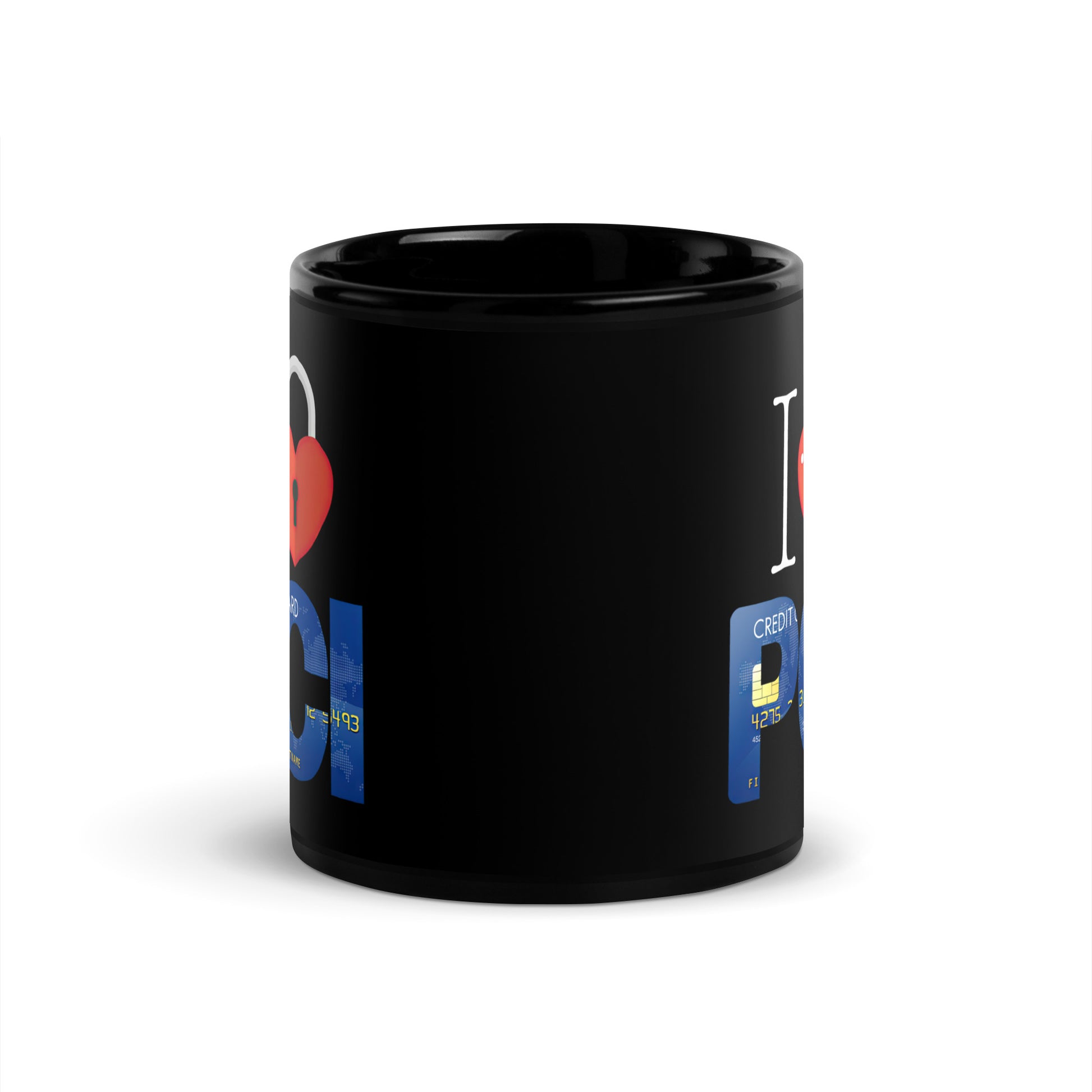 Black 11oz tech humor coffee mug with an I Love NY style design that reads ‘I Love PCI’.