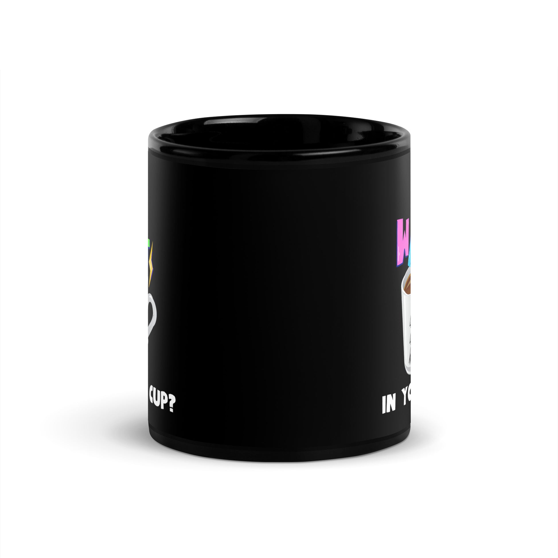 Black 11oz EV themed coffee mug with a coffee mug and electricity that says, ‘Watts in Your Cup?’