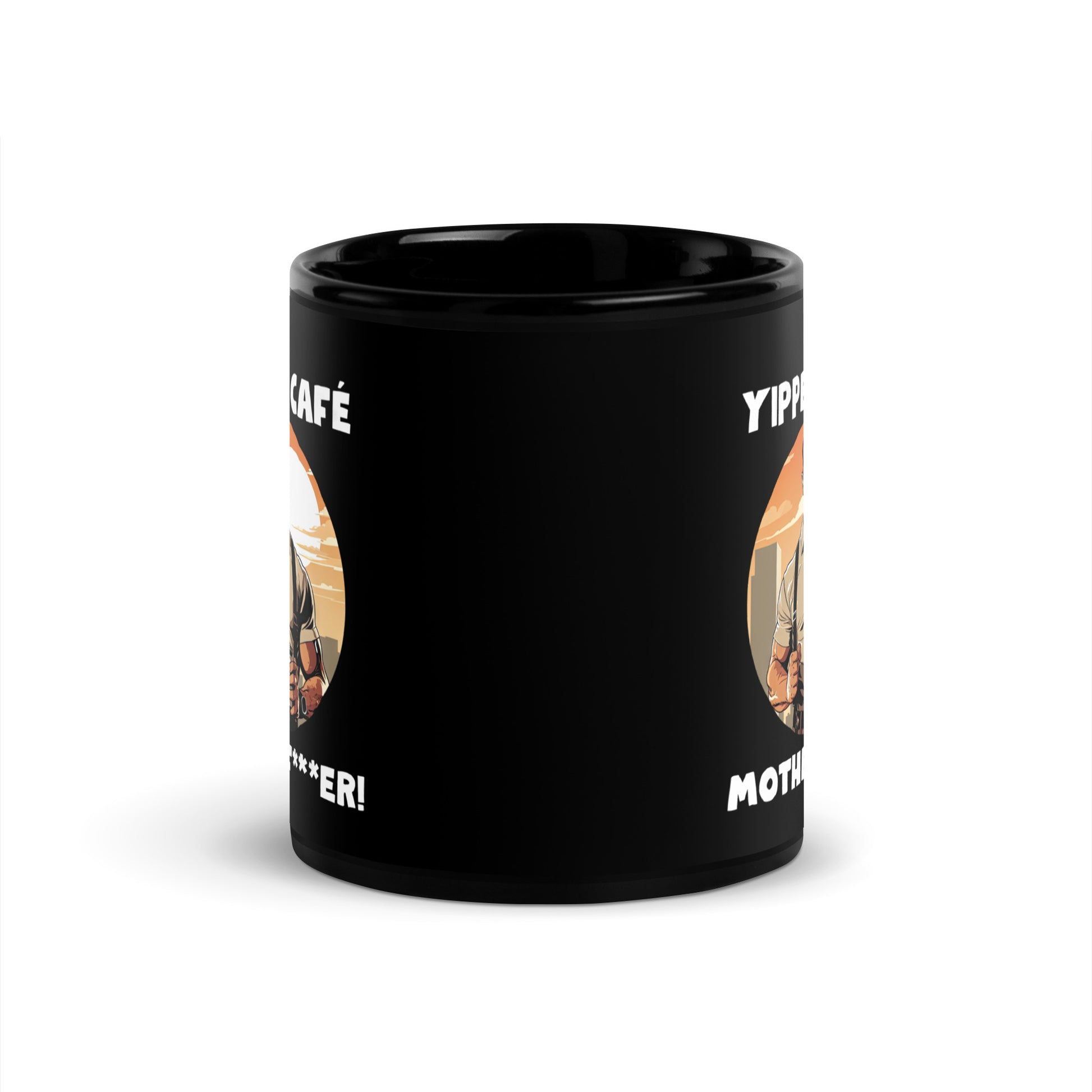 Black 11oz retro coffee mug with an 80s Die Hard cop holding a coffee mug and slogan that says, ‘Yippee Cafe Motherfu*ker!’