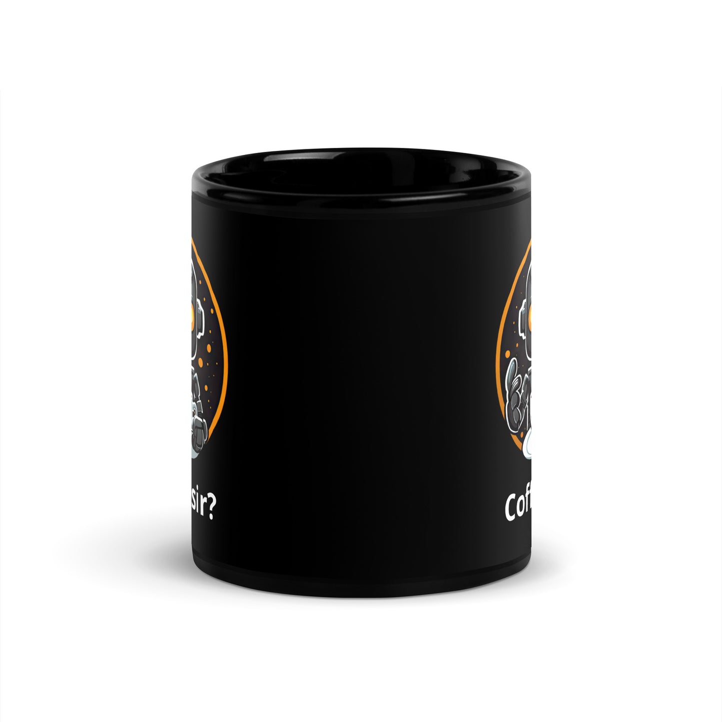 Black 11oz robot themed coffee mug featuring a robot barista design with the slogan “Coffee, sir?”