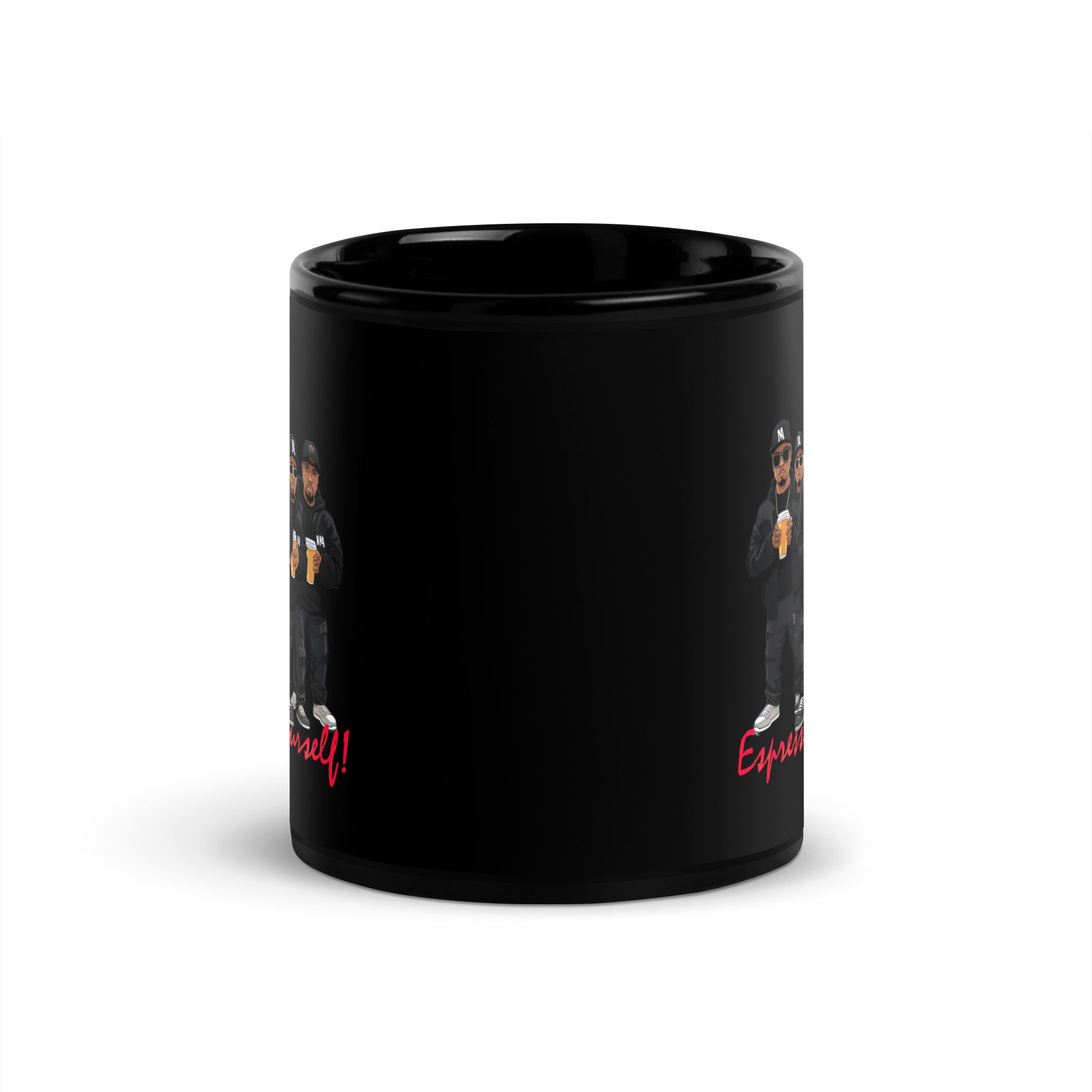 Black 11oz retro coffee mug featuring a rap group design with the slogan ‘Espresso Yourself!’