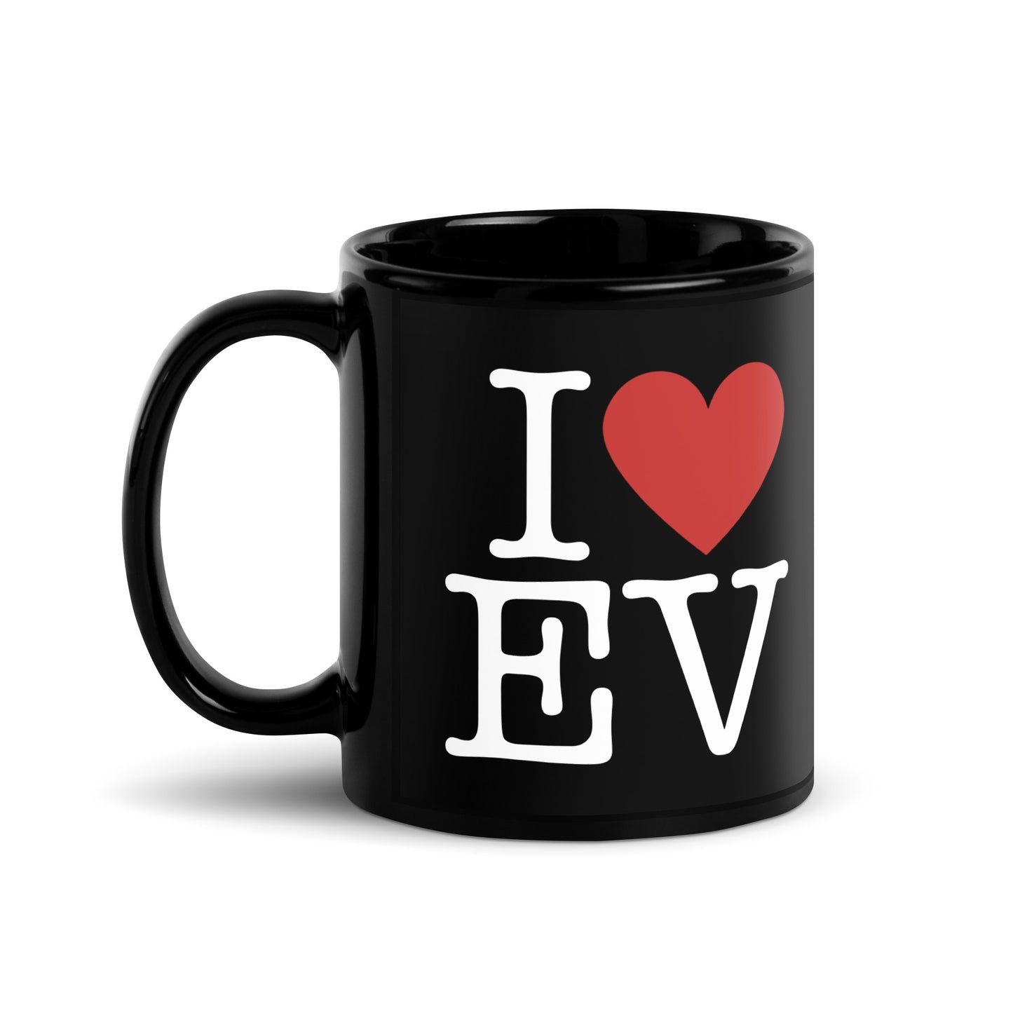 Black 11oz EV themed coffee mug with an I Love NY type slogan ‘I Love EV’ with handle on left.