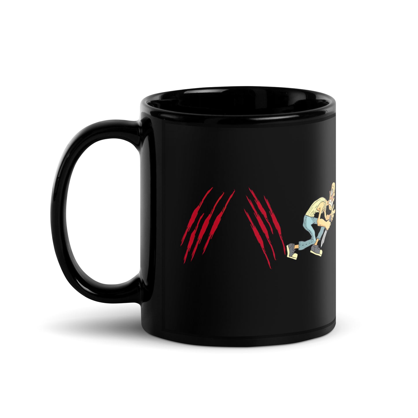 Black 11oz horror coffee mug with a knifeman design and slogan ‘Forward Slash. Backslash. Escape.’ with handle on the left.