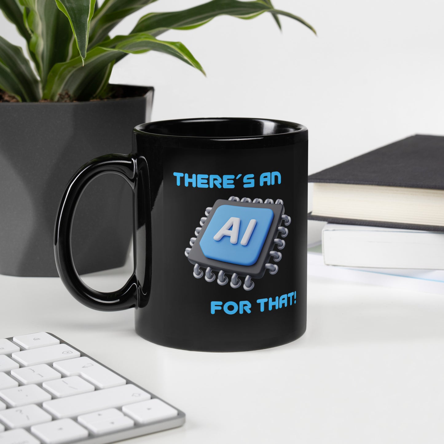 Black 11oz tech humor coffee mug with a large microchip image and the slogan ‘There's an AI for that!’ with handle on left.