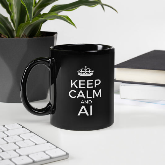 Black 11oz tech humor coffee mug with a vintage Keep Calm design that reads ‘Keep Calm and AI’ with handle on the left.