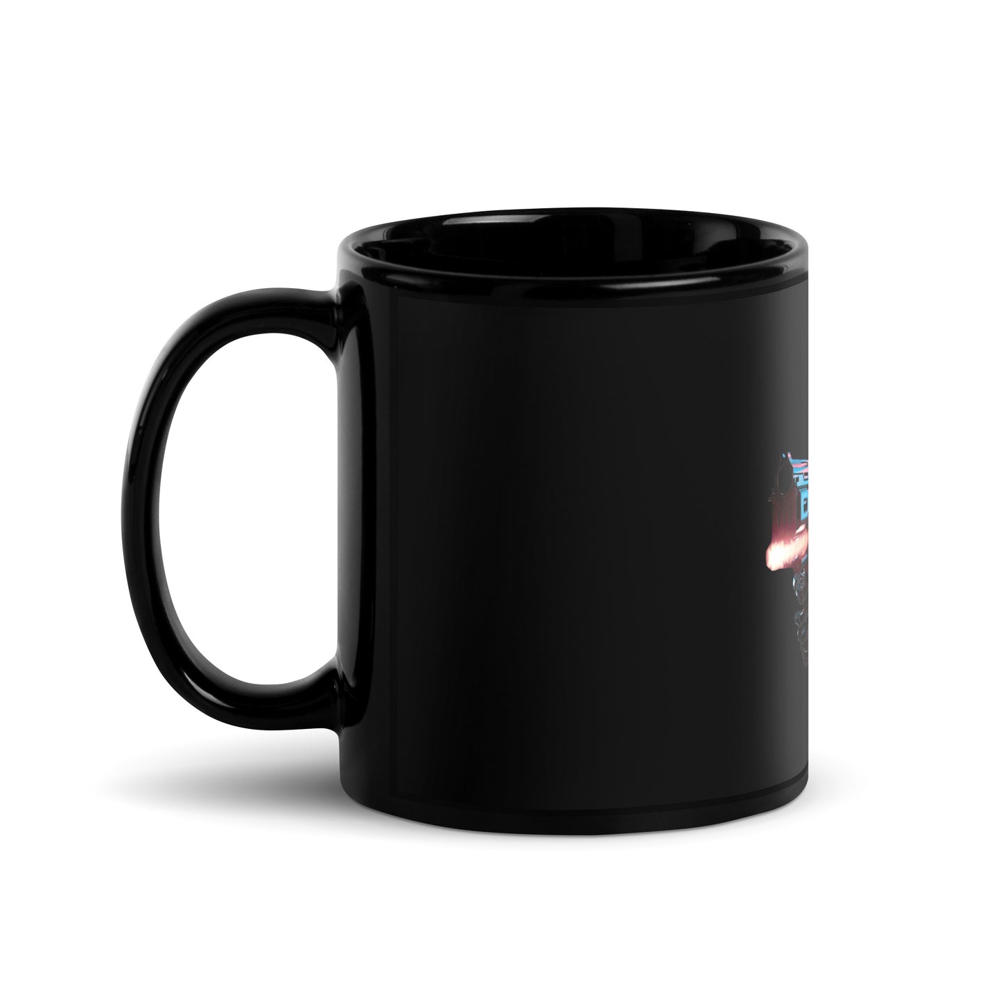 Black 11oz robot themed coffee mug featuring a futuristic Android Assassin design with handle on the left.