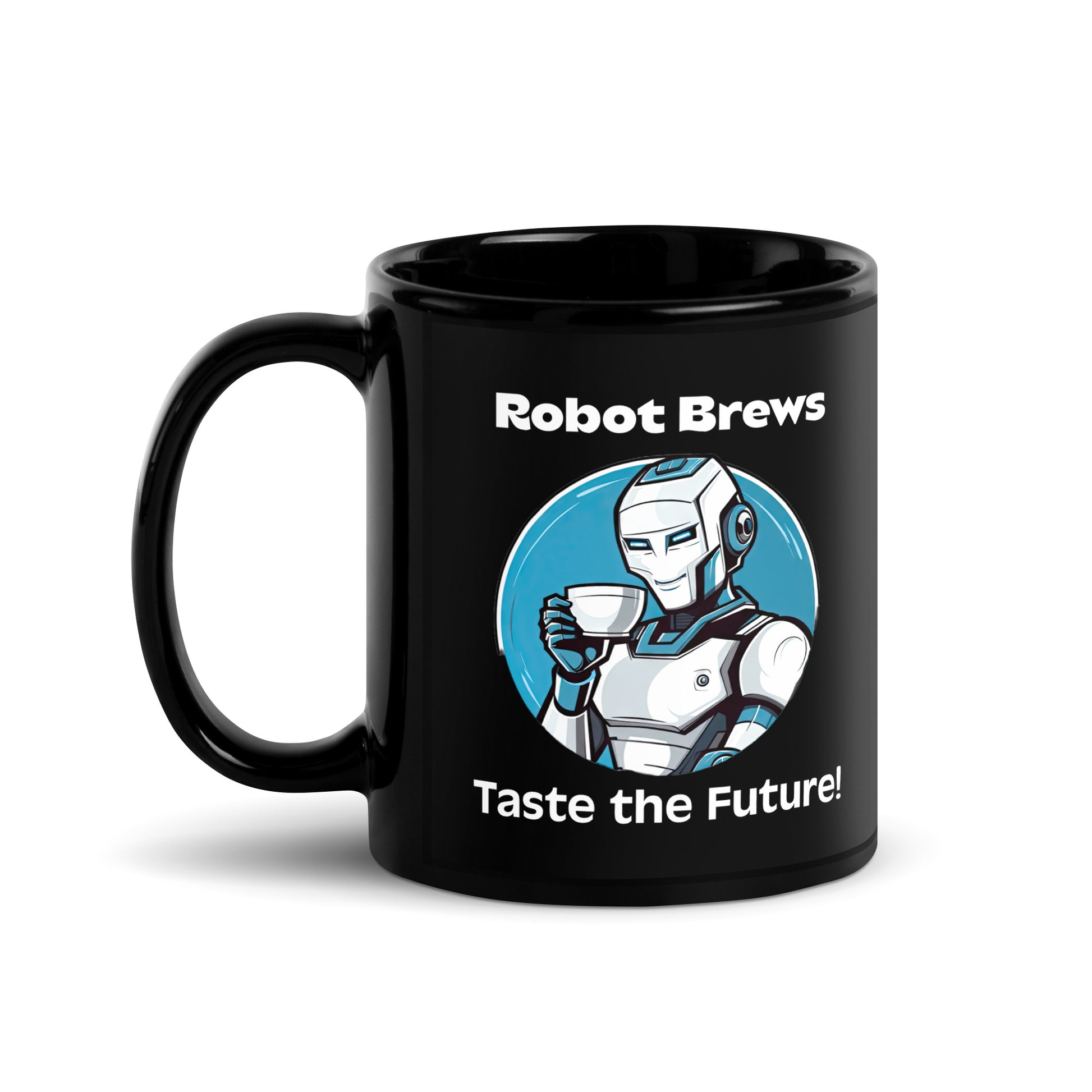 Black 11oz robot themed coffee mug with a robot with coffee mug and the slogan ‘Robot Brews: Taste the Future!’