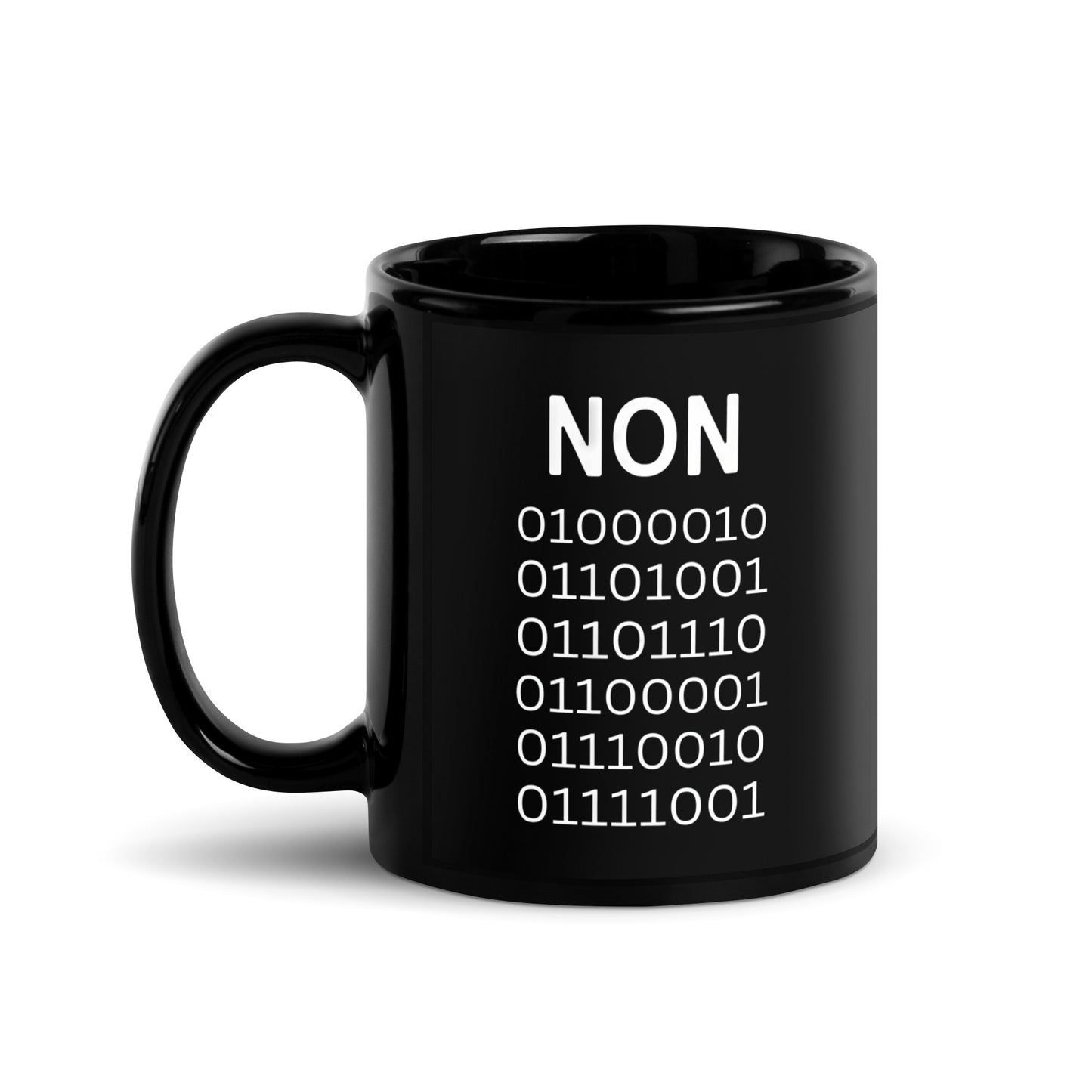 Black 11oz tech humor coffee mug with ‘Binary’ displayed in code under the word “Non’ with handle on the left.