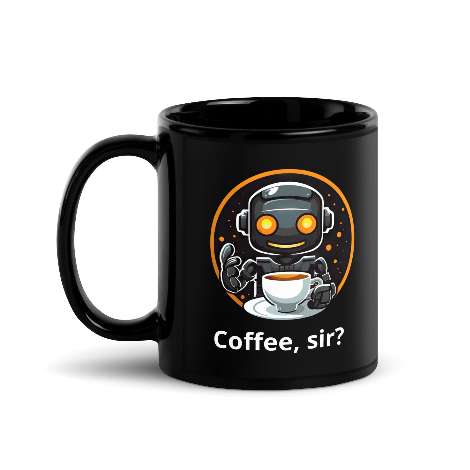 Black 11oz robot themed coffee mug featuring a robot barista design with the slogan “Coffee, sir?” with handle on the left.