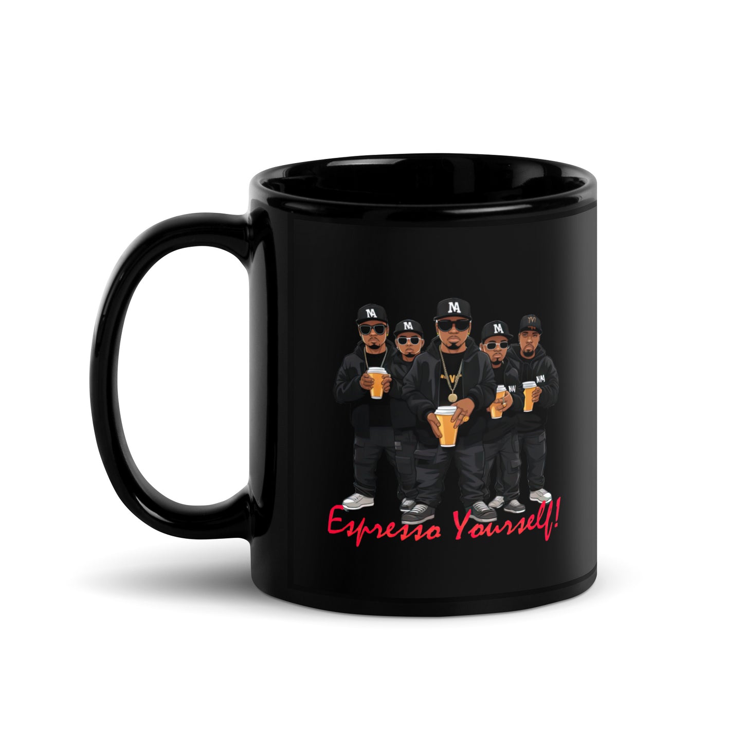 Black 11oz retro coffee mug featuring a rap group design with the slogan ‘Espresso Yourself!’ with handle on the left.