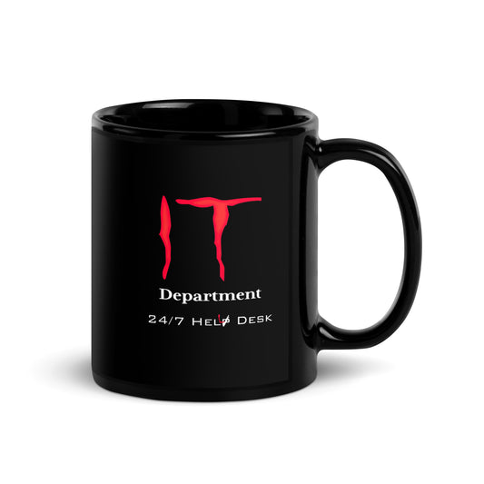 Black 11oz tech humor horror coffee mug with a design that reads ‘IT Department’ in the style of Stephen King’s IT.