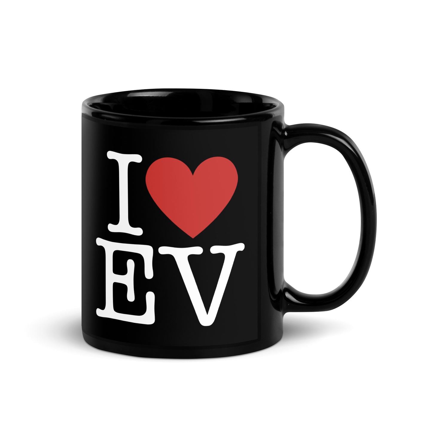 Black 11oz EV themed coffee mug with an I Love NY type slogan ‘I Love EV’ with handle on right.