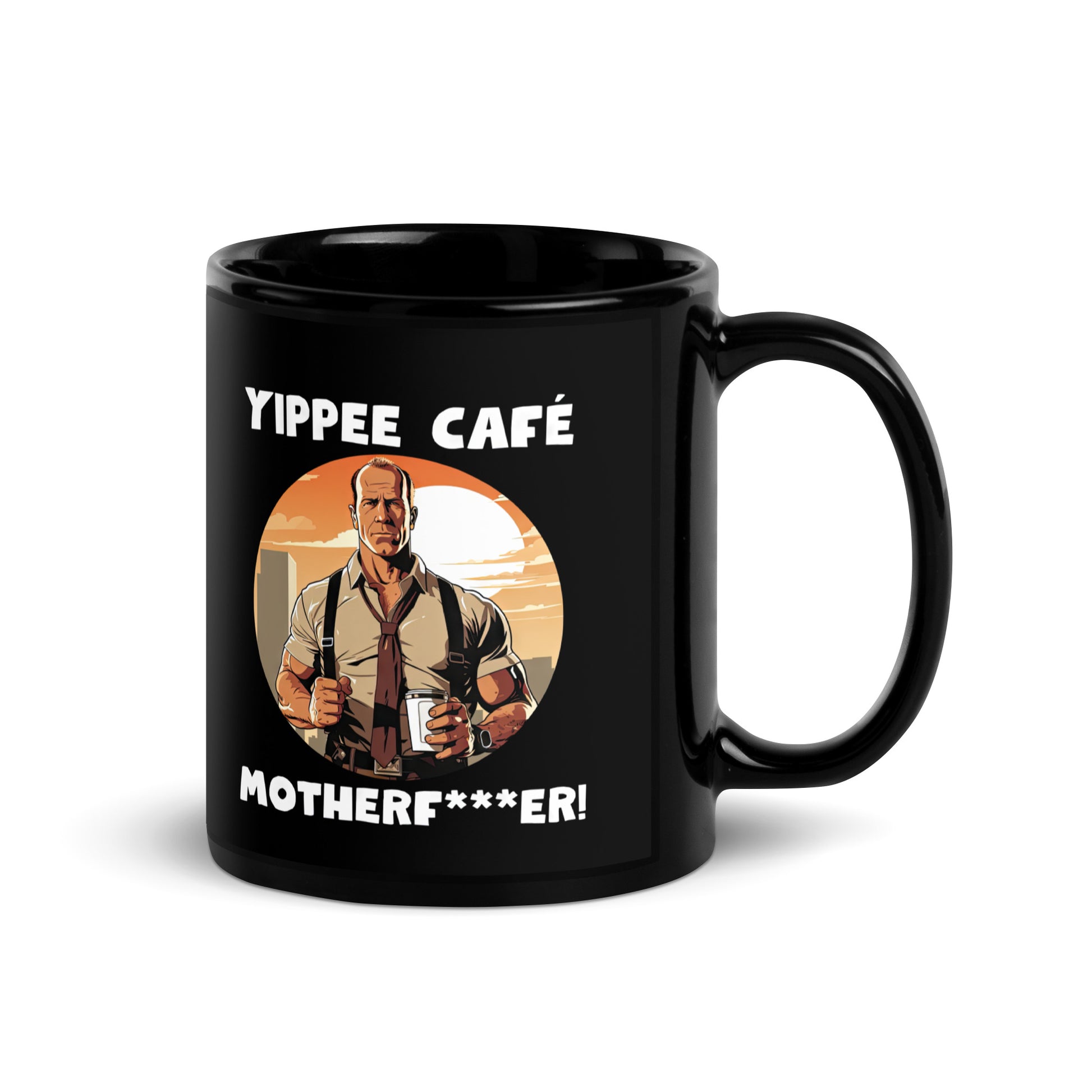 Black 11oz retro coffee mug with an 80s Die Hard cop holding a coffee mug and slogan that says, ‘Yippee Cafe Motherfu*ker!’