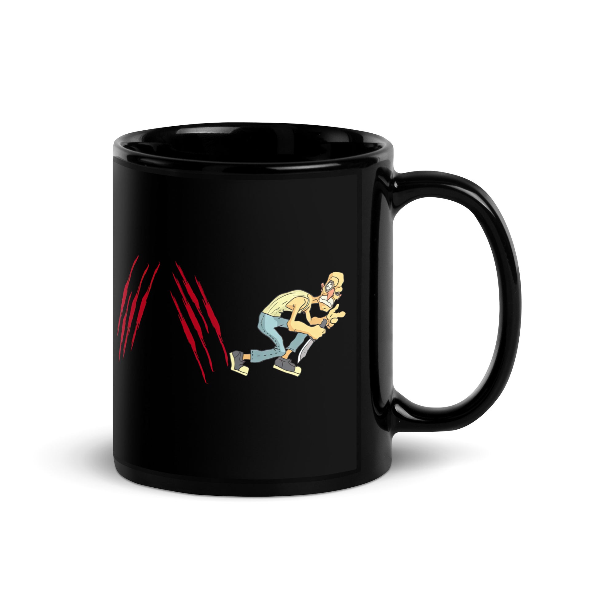 Black 11oz horror coffee mug with a knifeman design and slogan ‘Forward Slash. Backslash. Escape.’ with handle on the right.