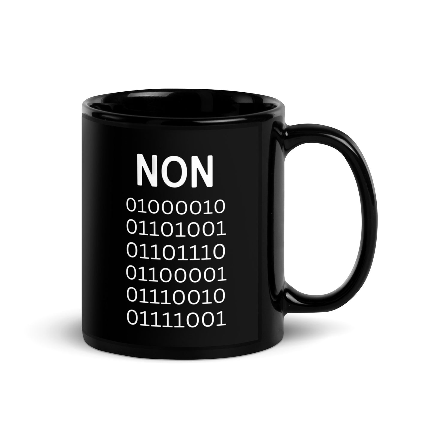 Black 11oz tech humor coffee mug with ‘Binary’ displayed in code under the word “Non’ with handle on the right.