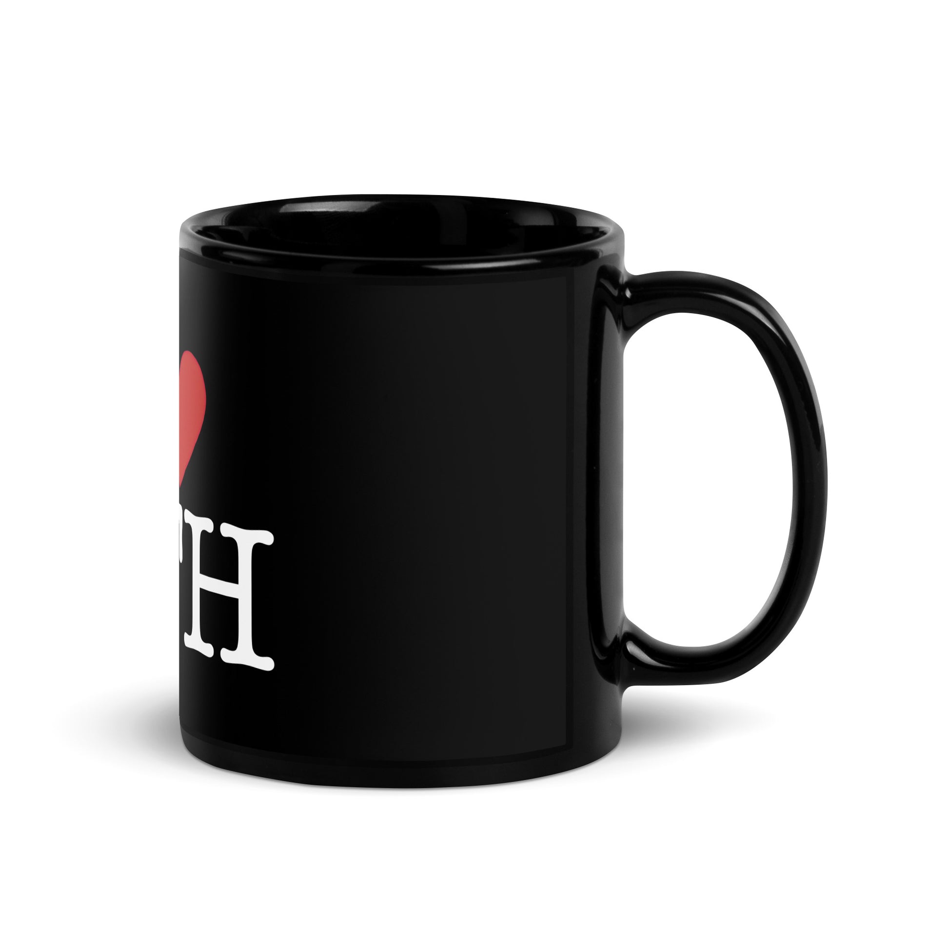 Black 11oz tech humor coffee mug with an I Love NY style design in the centre that reads ‘I Love WFH’ with handle on right.