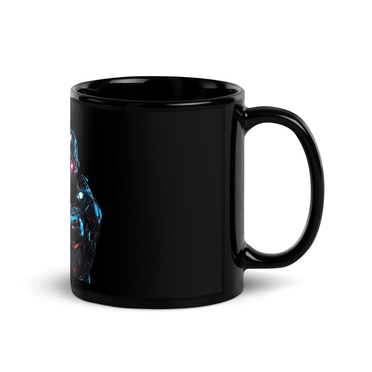 Black 11oz robot themed coffee mug featuring a futuristic Android Assassin design with handle on the right.